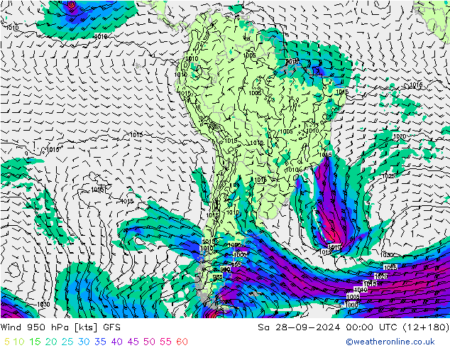 Wind 950 hPa GFS Sa 28.09.2024 00 UTC