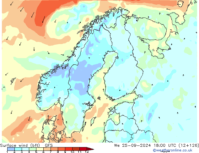 wiatr 10 m (bft) GFS śro. 25.09.2024 18 UTC