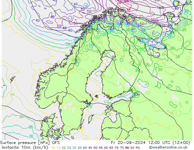 Izotacha (km/godz) GFS pt. 20.09.2024 12 UTC