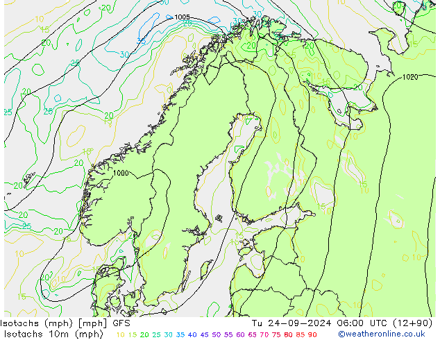 Izotacha (mph) GFS wto. 24.09.2024 06 UTC