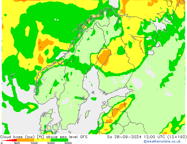 Höhe untere Wolkengrenze GFS Sa 28.09.2024 12 UTC