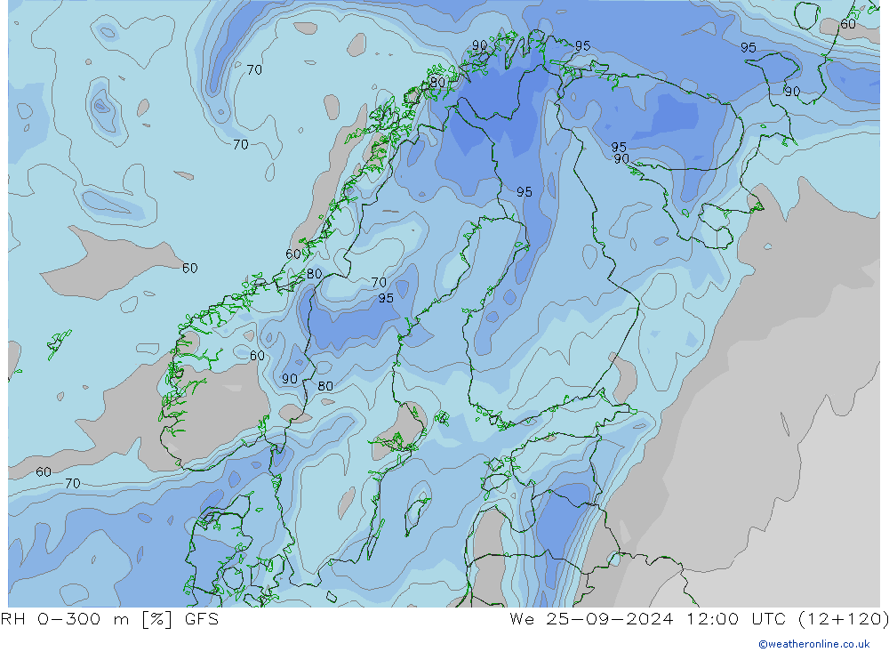 RH 0-300 m GFS ср 25.09.2024 12 UTC