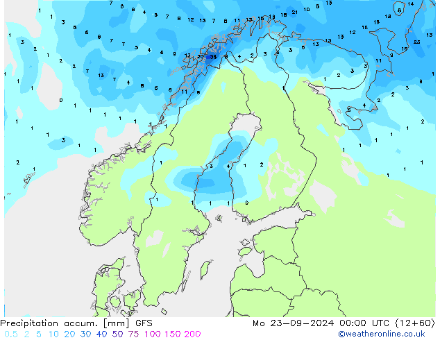 Precipitation accum. GFS pon. 23.09.2024 00 UTC