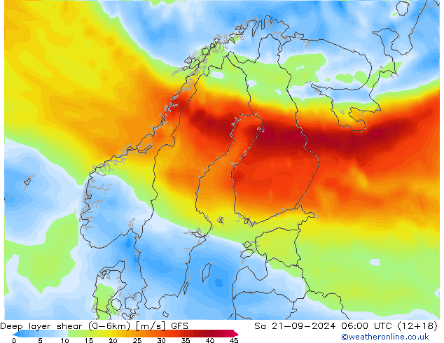 Deep layer shear (0-6km) GFS Cts 21.09.2024 06 UTC