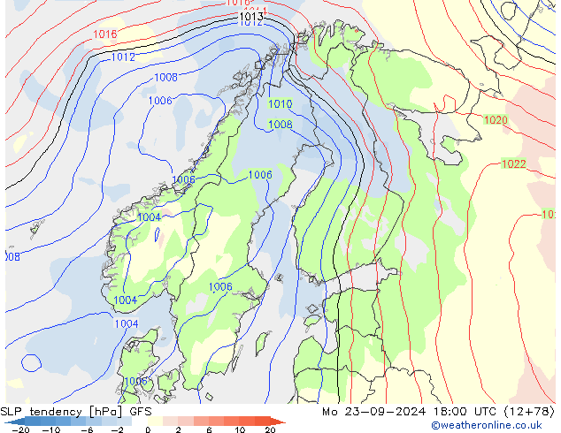 SLP tendency GFS Mo 23.09.2024 18 UTC