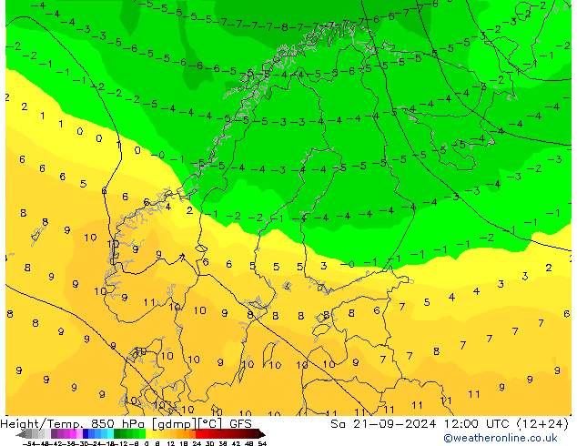 Height/Temp. 850 hPa GFS Sa 21.09.2024 12 UTC