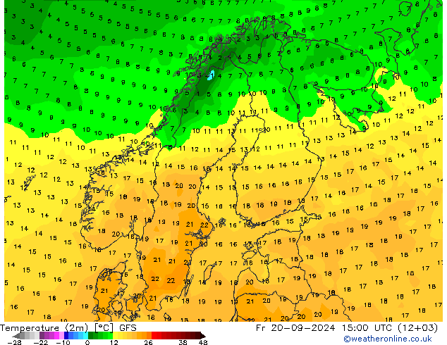 Temperature (2m) GFS Pá 20.09.2024 15 UTC