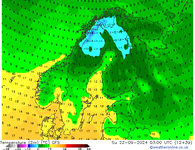 Temperature (2m) GFS Su 22.09.2024 03 UTC