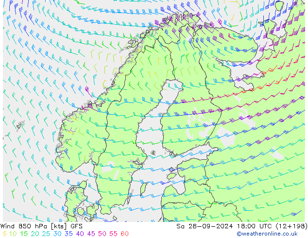 wiatr 850 hPa GFS so. 28.09.2024 18 UTC