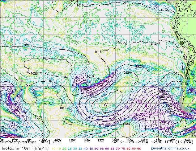 Izotacha (km/godz) GFS so. 21.09.2024 12 UTC