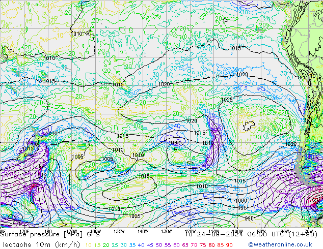 Isotachs (kph) GFS Út 24.09.2024 06 UTC