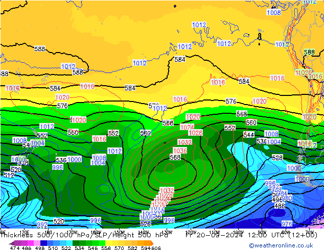 Dikte 500-1000hPa GFS vr 20.09.2024 12 UTC