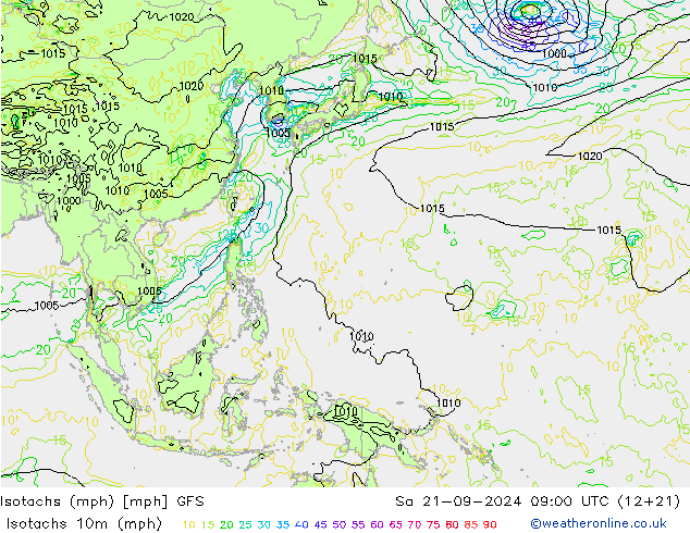 Isotachen (mph) GFS Sa 21.09.2024 09 UTC