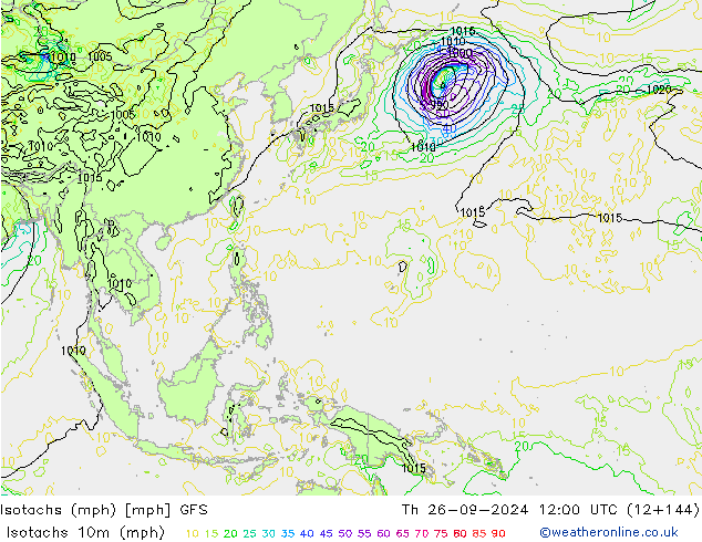 Isotachs (mph) GFS jeu 26.09.2024 12 UTC