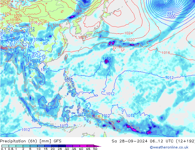 Precipitation (6h) GFS Sa 28.09.2024 12 UTC