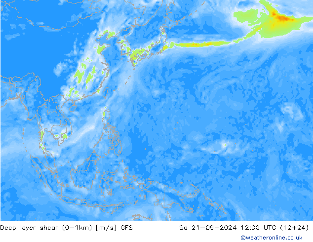 Deep layer shear (0-1km) GFS Sa 21.09.2024 12 UTC