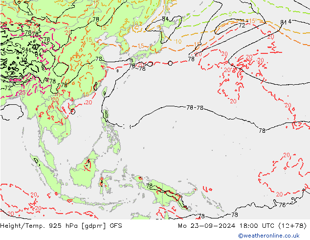 Height/Temp. 925 hPa GFS Mo 23.09.2024 18 UTC