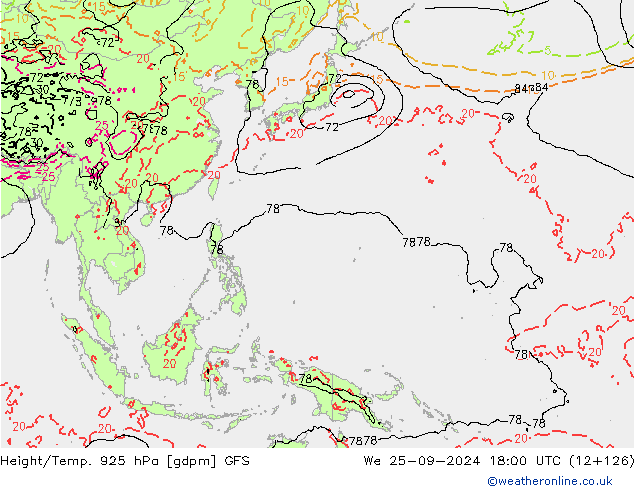 Height/Temp. 925 hPa GFS śro. 25.09.2024 18 UTC