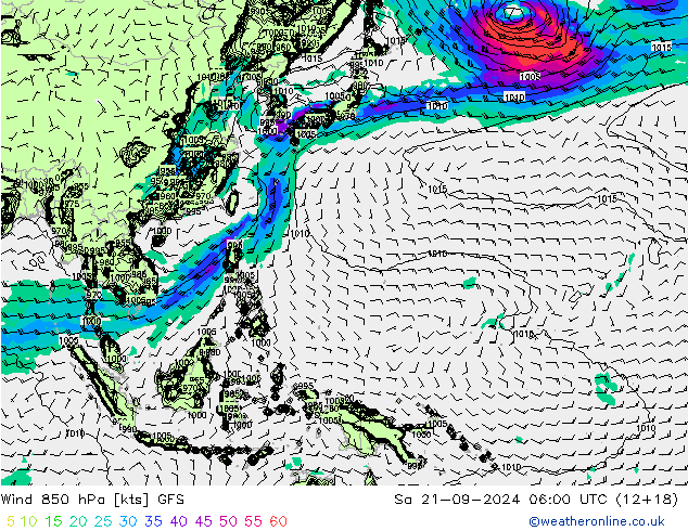 Wind 850 hPa GFS Sa 21.09.2024 06 UTC