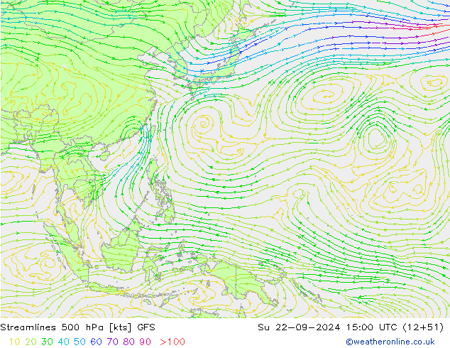 Streamlines 500 hPa GFS Su 22.09.2024 15 UTC