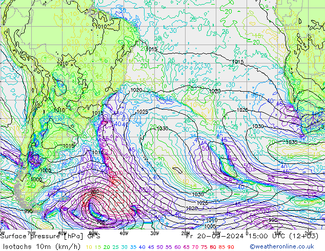 Isotachs (kph) GFS Pá 20.09.2024 15 UTC