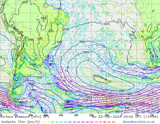 Isotachs (kph) GFS пн 23.09.2024 06 UTC