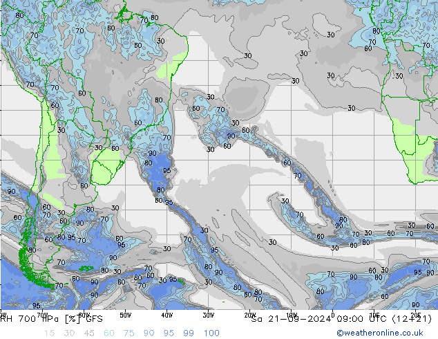 RH 700 hPa GFS Sa 21.09.2024 09 UTC