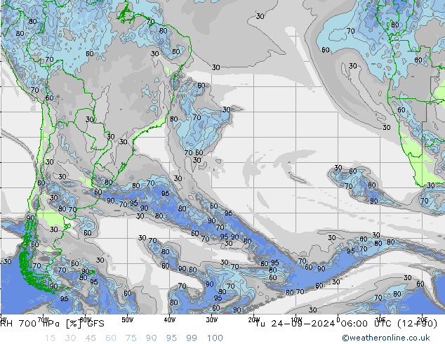 700 hPa Nispi Nem GFS Sa 24.09.2024 06 UTC