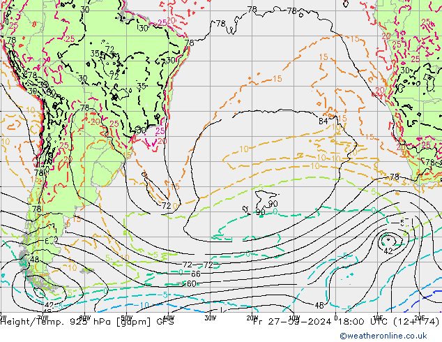 Yükseklik/Sıc. 925 hPa GFS Cu 27.09.2024 18 UTC