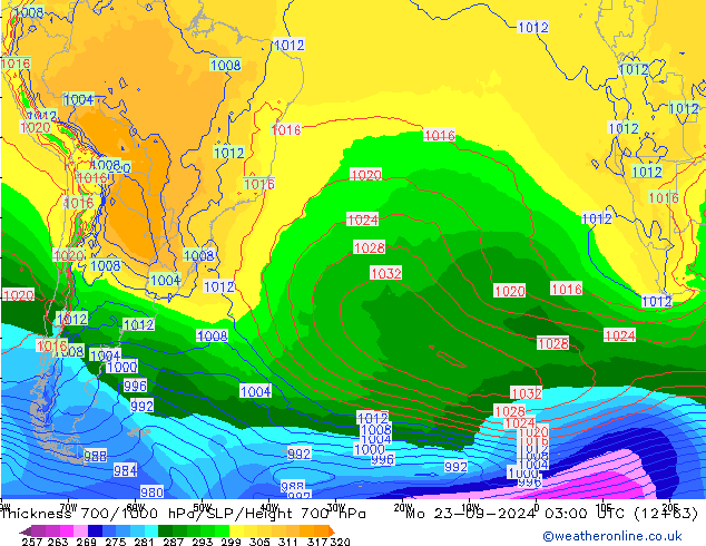 Thck 700-1000 hPa GFS pon. 23.09.2024 03 UTC