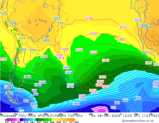 Dikte700-1000 hPa GFS za 28.09.2024 12 UTC