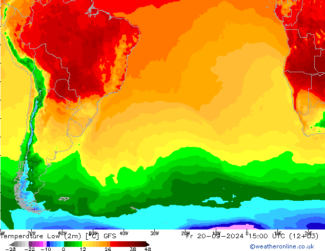 Nejnižší teplota (2m) GFS Pá 20.09.2024 15 UTC