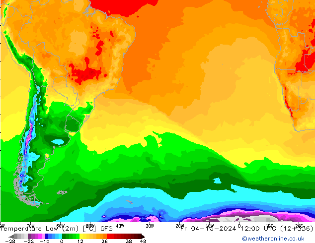 Min.temperatuur (2m) GFS vr 04.10.2024 12 UTC