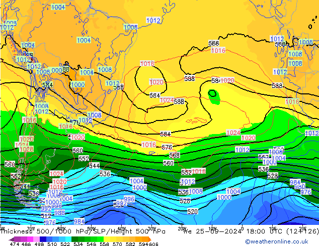 Espesor 500-1000 hPa GFS mié 25.09.2024 18 UTC