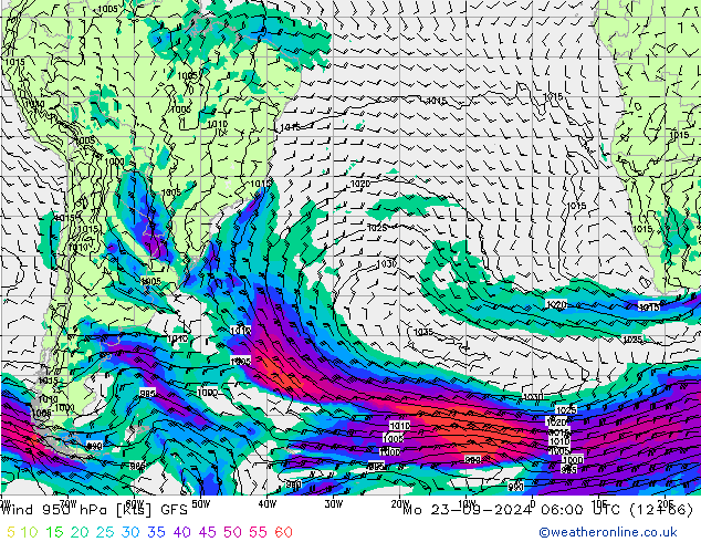 Vento 950 hPa GFS lun 23.09.2024 06 UTC