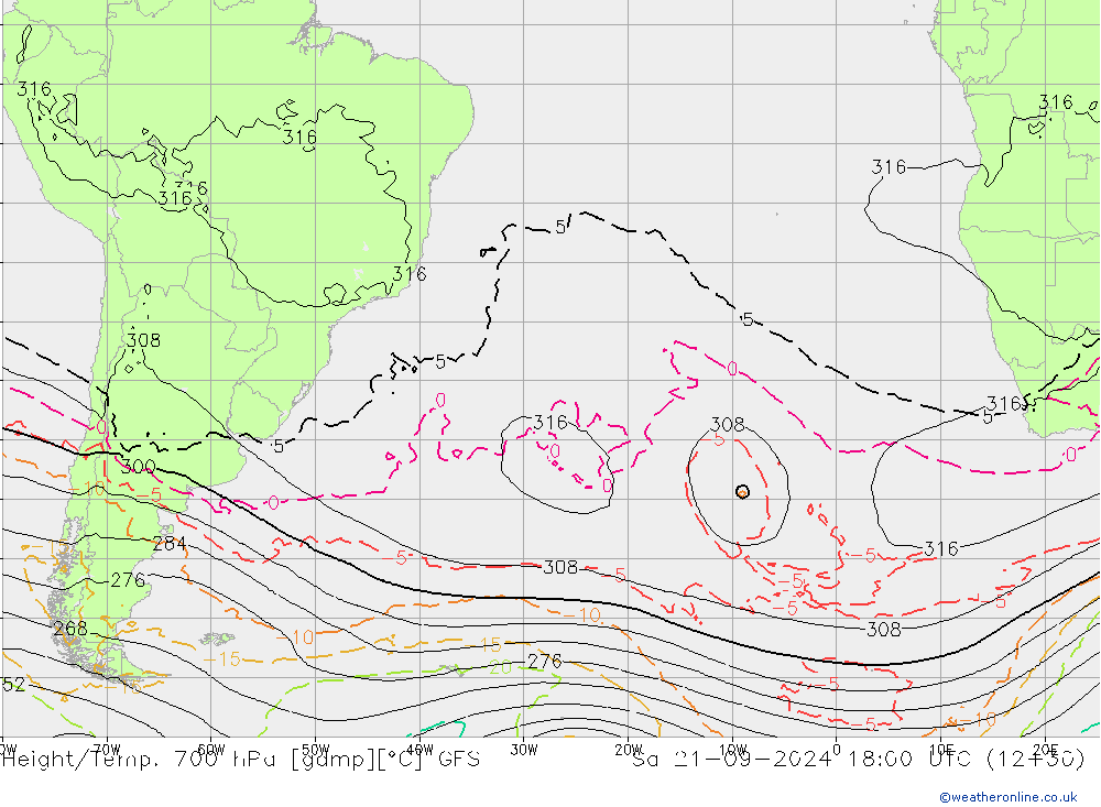 Height/Temp. 700 hPa GFS so. 21.09.2024 18 UTC