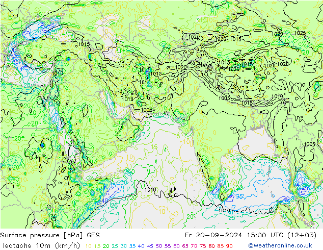 10米等风速线 (kph) GFS 星期五 20.09.2024 15 UTC