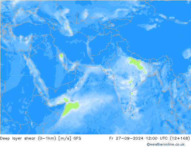 Deep layer shear (0-1km) GFS пт 27.09.2024 12 UTC