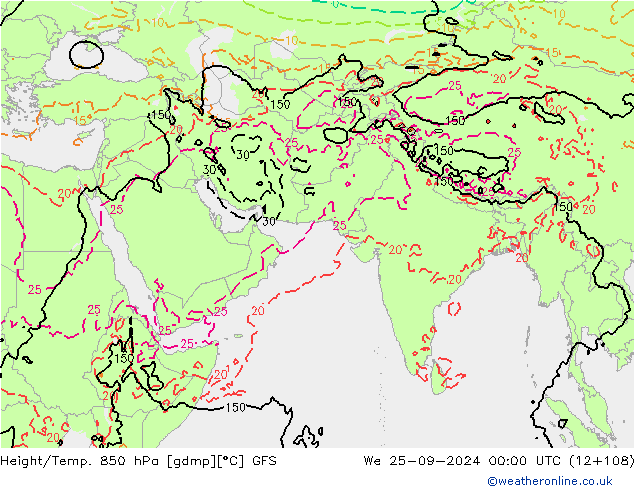 Height/Temp. 850 гПа GFS ср 25.09.2024 00 UTC