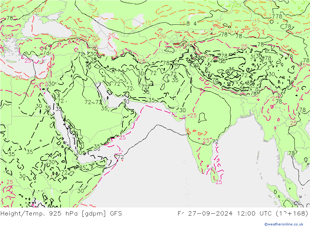 Height/Temp. 925 hPa GFS Fr 27.09.2024 12 UTC