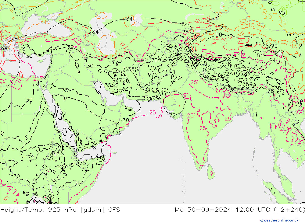 Height/Temp. 925 hPa GFS Mo 30.09.2024 12 UTC