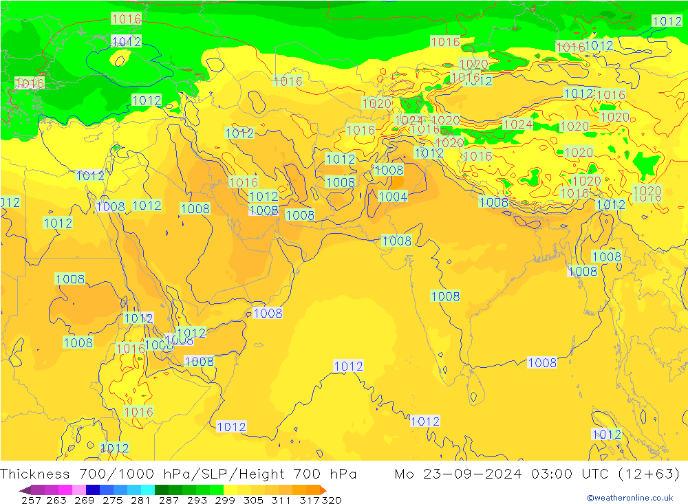 700-1000 hPa Kalınlığı GFS Pzt 23.09.2024 03 UTC