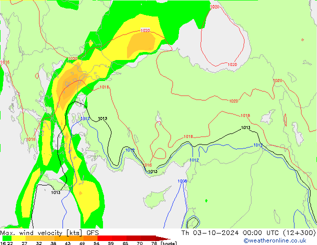 Max. wind velocity GFS gio 03.10.2024 00 UTC