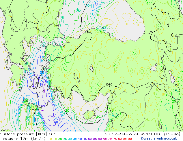 Isotachs (kph) GFS Su 22.09.2024 09 UTC