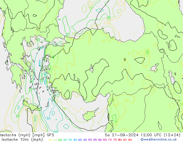 Isotachs (mph) GFS sab 21.09.2024 12 UTC