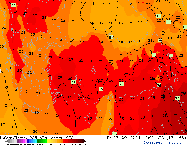 Height/Temp. 925 hPa GFS Fr 27.09.2024 12 UTC