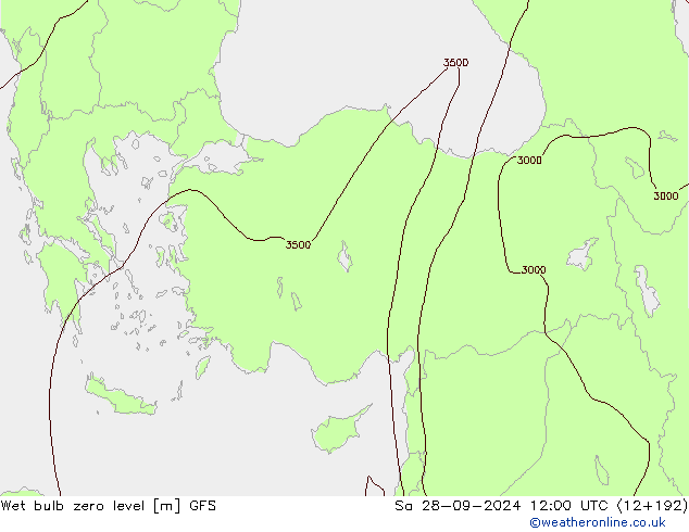 Wet bulb zero level GFS Sa 28.09.2024 12 UTC