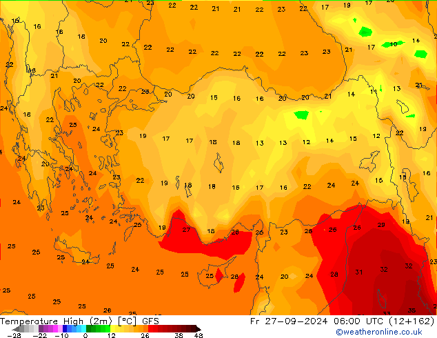 Temperature High (2m) GFS Fr 27.09.2024 06 UTC