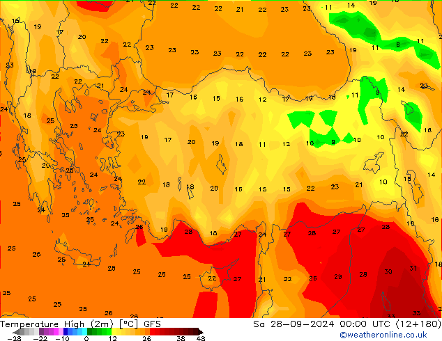 Темпер. макс 2т GFS сб 28.09.2024 00 UTC