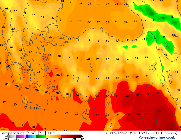 Temperaturkarte (2m) GFS Fr 20.09.2024 15 UTC